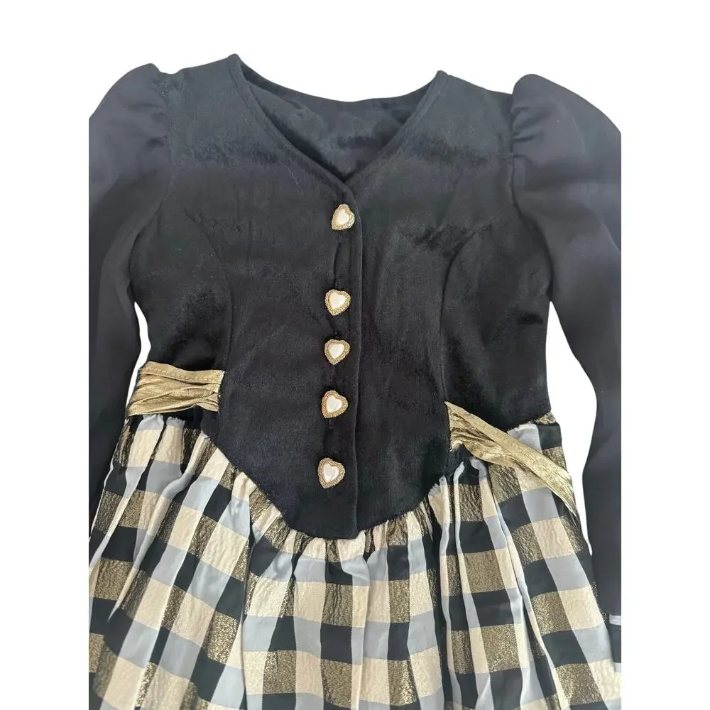 Vintage Rose Cottage Girls Holiday Dress | Size 5 | Black Velvet & Gold Plaid